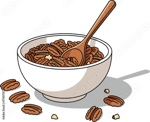 Minimal Pecan Bowl with Wooden Spoon and Scattered Kernels Vector Design