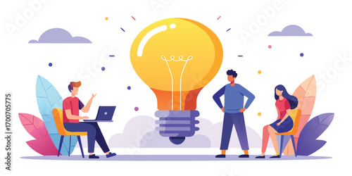 Business Team Brainstorming Concept. Vector illustration in flat style of a group of diverse people sitting at a desk and discussing an idea. 