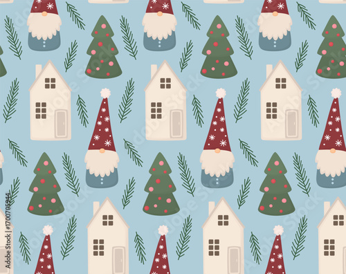 Seamless pattern with Christmas cozy objects and pine branches. Colorful background with toy, porcelain house, Christmas tree