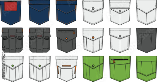 Variety of denim and fabric pocket designs, stitching details, flap styles, buttons and zippers, fashion elements, bag accessory CAD drawing vector illustration.