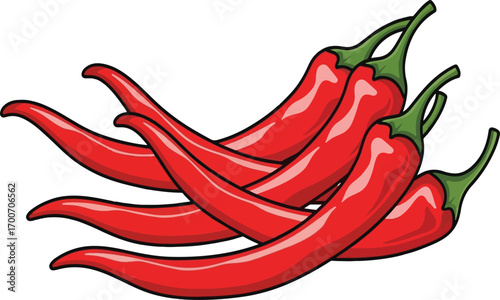 Cluster of Five Red Chili Peppers with Green Stems on White Keywords: chili, pepper, red, hot, spicy