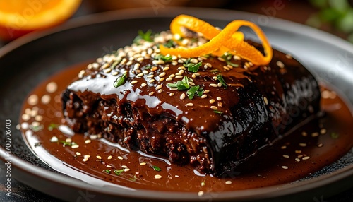 Mole Poblano a traditional Mexican dish with a rich dark sauce and sesame seeds.