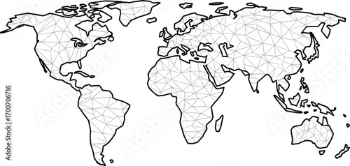 Polygon world map illustration, geometric global design, abstract earth continents artwork, international network concept, modern line art, geography vector background.