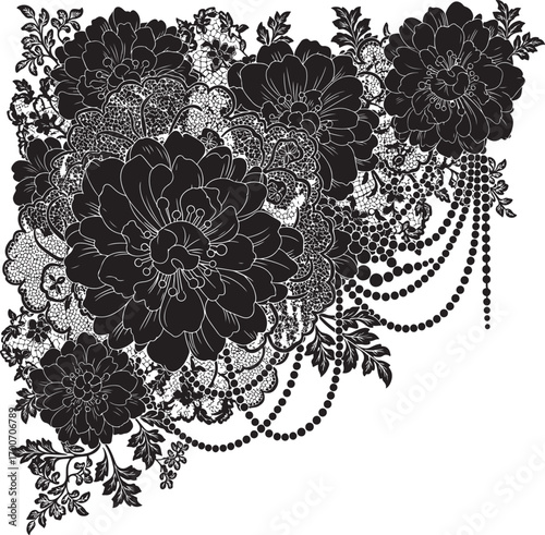 Elegant black lace and floral silhouette with pearl bead embellishments Keywords: lace, floral