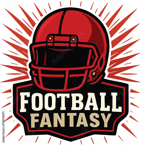 Red american football helmet with fantasy text overlay and explosive sunburst background