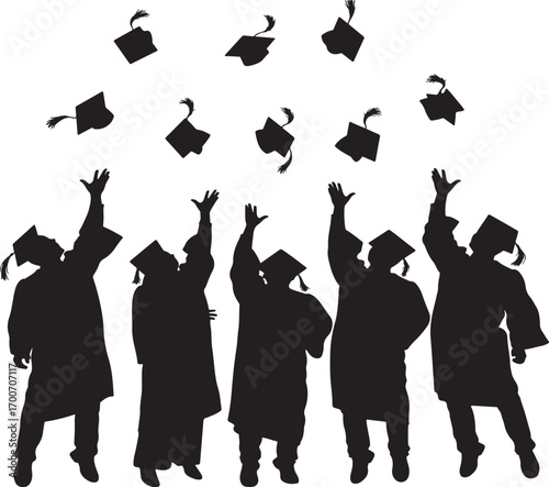 Silhouette of graduates throwing graduation caps in the air on white students