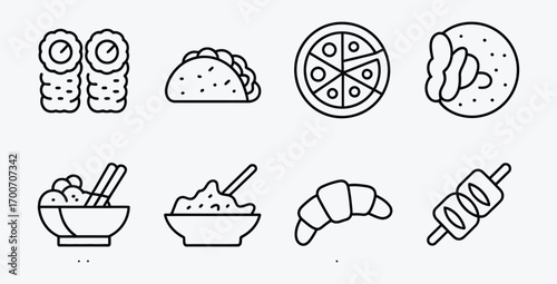 Set of various food icons in a simple line art style