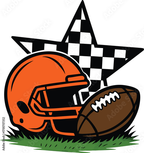 Orange american football helmet and ball on grass with a black and white checkered star background