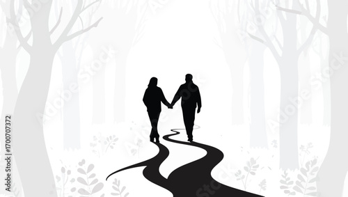 Silhouette of a Couple Holding Hands Walking Down a Winding Path in a Misty Forest Keywords: couple, silhouette, holding hands, walking, path, road, forest, trees, misty, fog, romantic, love