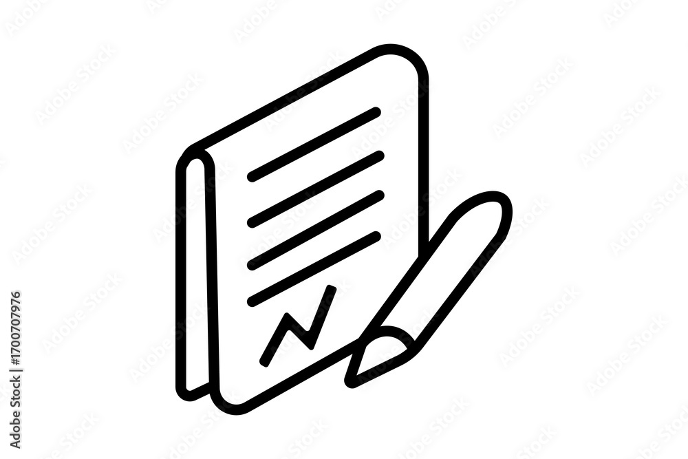 Fototapeta premium This image shows a simple line illustration of a document or paper with written lines, accompanied by a pen.