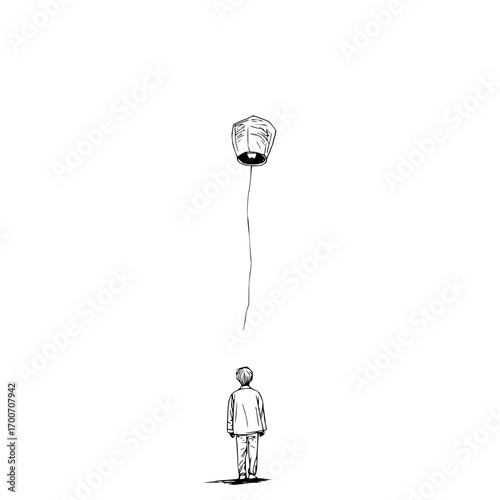Boy releasing sky lantern drawing illustration vector art for hope and dreams concept design element graphic