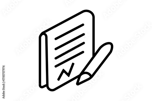 This image shows a simple line illustration of a document or paper with written lines, accompanied by a pen.