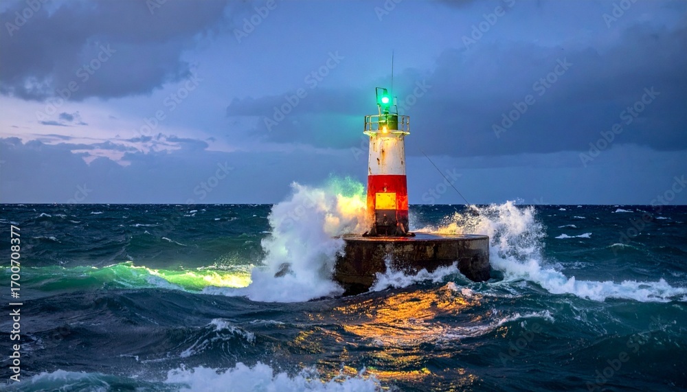 Obraz premium Stormy sea lighthouse—red and white striped tower on rocky platform, waves crashing dramatically, green and yellow lights glowing, dark cloudy sky at dusk, symbol of resilience and guidance.