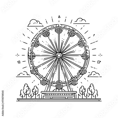 Ferris wheel outline vector illustration, amusement park ride, carnival attraction, fairground design, line art