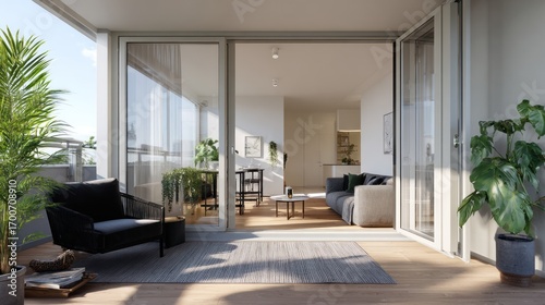 Modern apartment interior with balcony view, showcasing open layout design with greenery