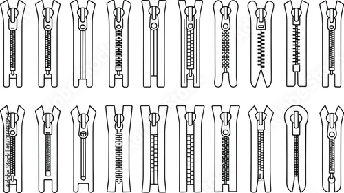 Collection of zipper vector icons in different styles, isolated on white background, fashion clothing accessory fastener design elements for sewing illustration