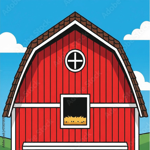 red rice barn with blue sky and clouds
