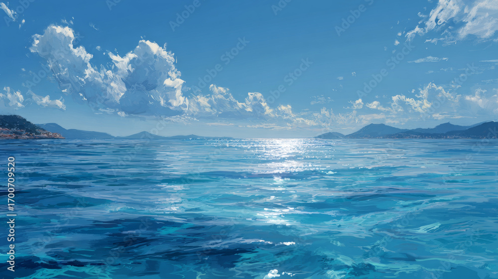Fototapeta premium Blue ocean waves under clear sky with scenic outdoor coastal view