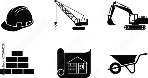 Construction silhouette vector icons set with safety helmet, crane, excavator, bricks, blueprint plan, and wheelbarrow for building site design