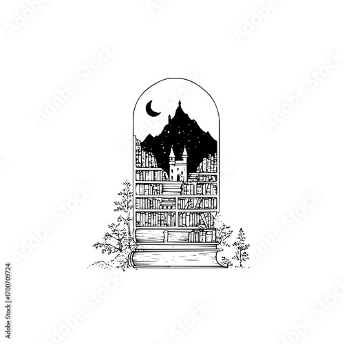Book lover art print bookshelf drawing night sky mountain castle literary gifts for readers and writers