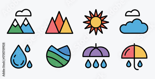 Weather Icons Set with Mountains Sun Cloud Rain Waterdrops and Umbrellas