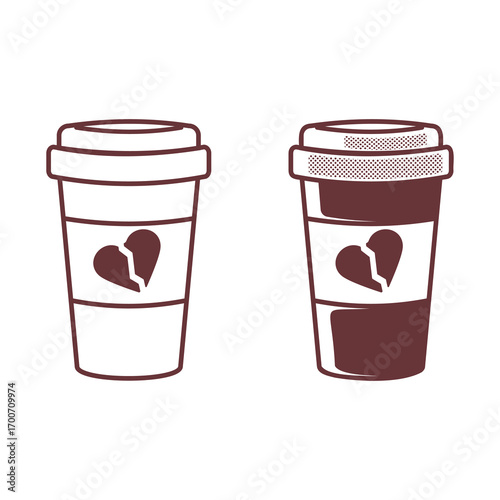 Vector illustration of takeaway coffee cups with broken heart symbol. Minimal doodle style, perfect for love, breakup, Valentine’s Day, relationships, and lifestyle-themed designs