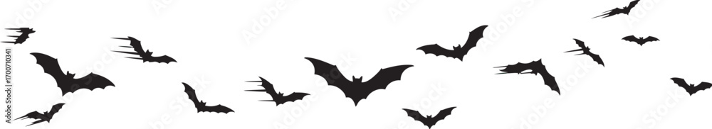 Fototapeta premium Silhouettes of bats in flight against a white background.