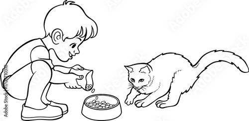 child feeding a cat vector illustration 