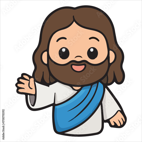 cartoon jesus waving, brown hair, blue robe clip art preview