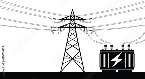 High Voltage Transmission Tower and Power Transformer Vector Illustration – Electricity Distribution Infrastructure Concept in Black and White Silhouette Style for Energy Systems