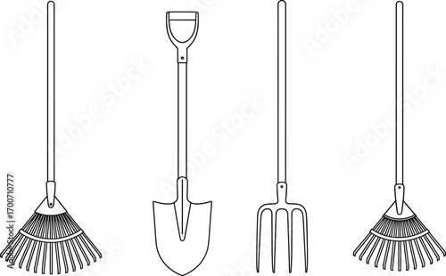 Line art vector illustration of garden tools including shovel, rake, and pitchfork, simple black outline icons for gardening, farming, landscaping, agriculture