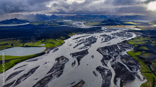Aerial View of Braided Rivers and Volcanic Landscape in Iceland