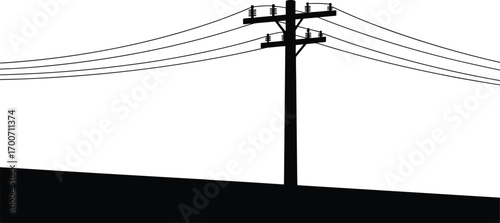 Silhouette of Utility Power Pole with Overhead Wires on Hill – Vector Illustration of Electricity Infrastructure for Rural and Urban Landscape Design