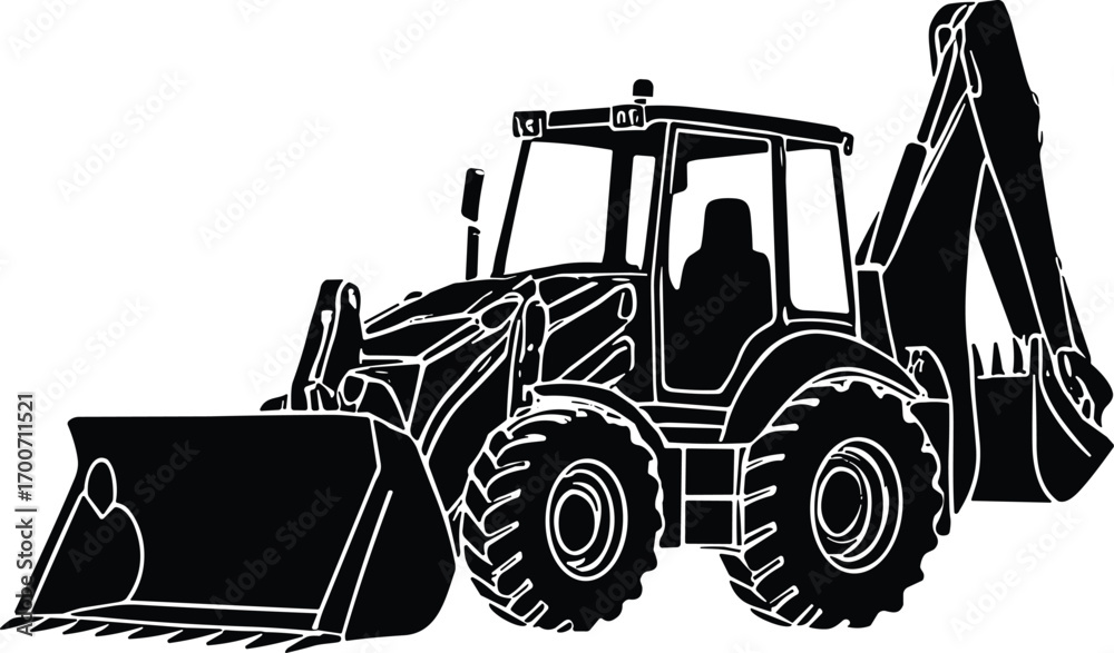 Naklejka premium Silhouette vector of backhoe loader construction vehicle with front bucket and rear excavator arm, heavy machinery equipment for building and industrial projects illustration