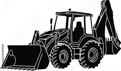 Silhouette vector of backhoe loader construction vehicle with front bucket and rear excavator arm, heavy machinery equipment for building and industrial projects illustration