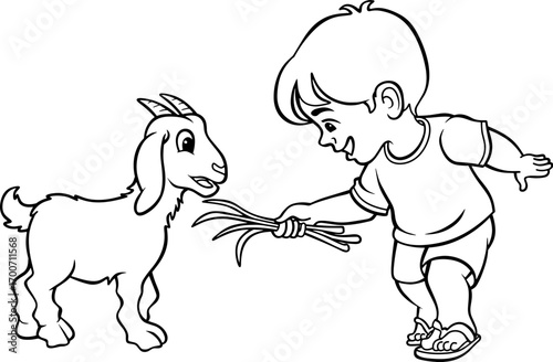 Boy feeding a goat with grass vector illustration