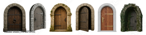 Medieval arched door set including stone framed, weathered wood, mossy, ivy-covered, and open designs isolated. Fantasy and architectural elements collection.