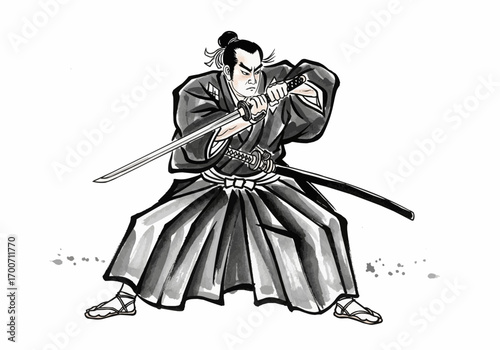 A traditional Japanese samurai warrior in a dynamic fighting stance, wielding a katana sword in a black and white ink wash illustration.