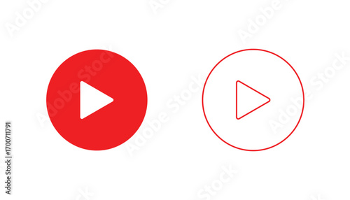 Red and White Play Button Icons Solid and Outline on Transparent Background
