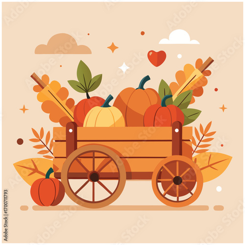 Autumn harvest wooden cart filled with pumpkins and leaves