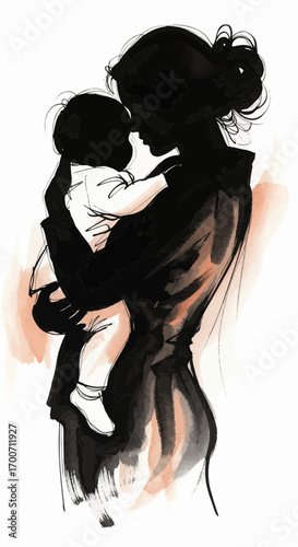 An expressive ink and watercolor illustration of a mother's silhouette tenderly holding her baby.