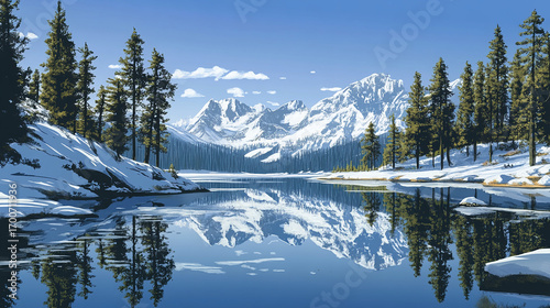 Majestic Mountainscape: A serene mountain landscape with snow-capped peaks, mirrored in a tranquil lake. The pristine scene captures the essence of winter's beauty.