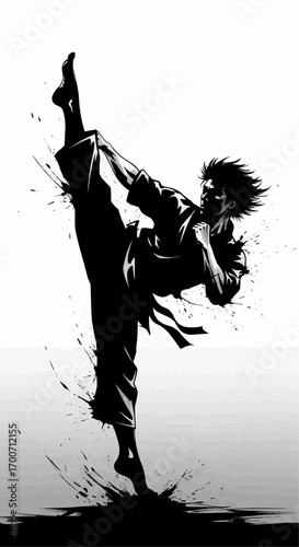 Dynamic black and white illustration of a male martial artist executing a powerful high kick with an energetic, explosive ink splatter effect.