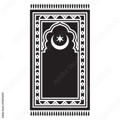 Islamic prayer mat with traditional geometric patterns and crescent moon and star symbol in black and white