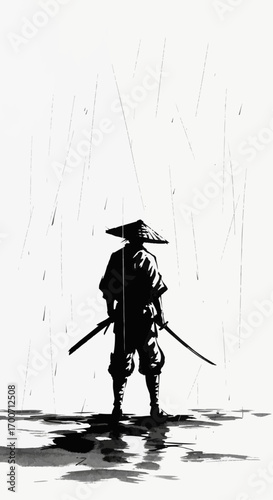 A lone samurai warrior with two swords stands in the rain, depicted in a minimalist black and white ink wash style.