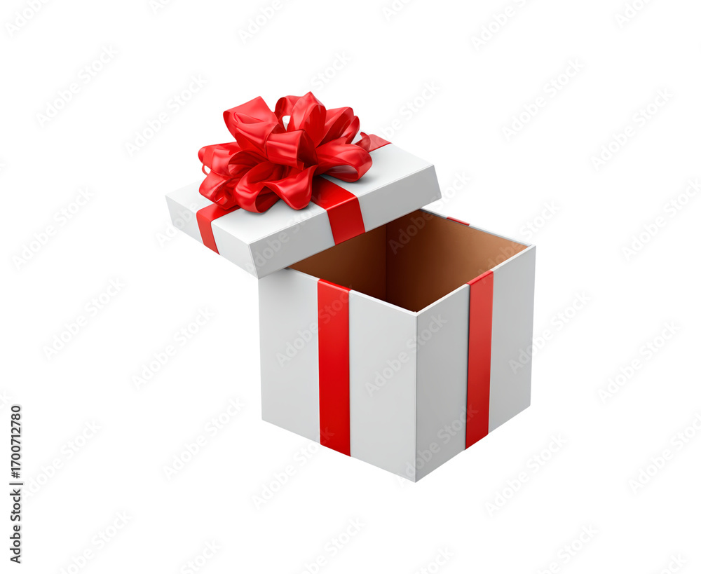Obraz premium Open white gift box with red ribbon and bow on transparent background, PNG