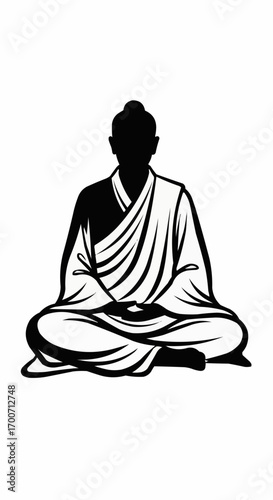 A black and white graphic silhouette of Buddha meditating peacefully in the lotus position against a white background.