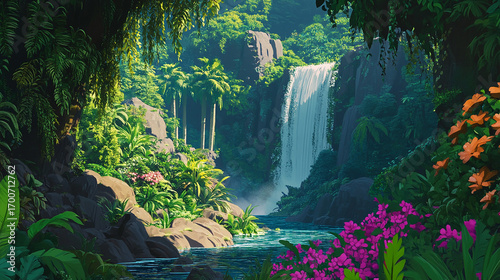 Waterfall Paradise: A serene waterfall cascades down, surrounded by lush greenery and vibrant flowers. The scene evokes tranquility and the untamed beauty of nature.