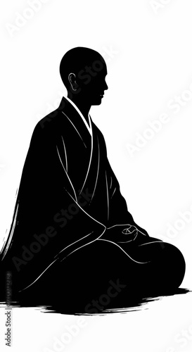 A black and white silhouette illustration of a Buddhist monk sitting in a traditional zazen meditation pose against a white background.