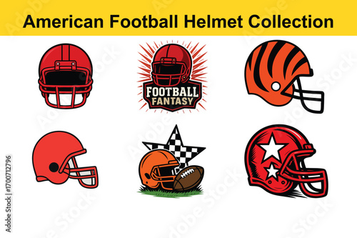 Collection of six distinct American football helmets, showcasing various styles, colors, and team logos, presented in a clean, graphic illustration.
